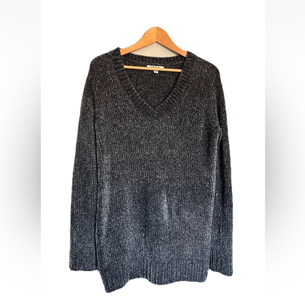 Orvis Sweater Medium Marled Blue Gray‎ Longer Length Chenille V Neck Soft EC